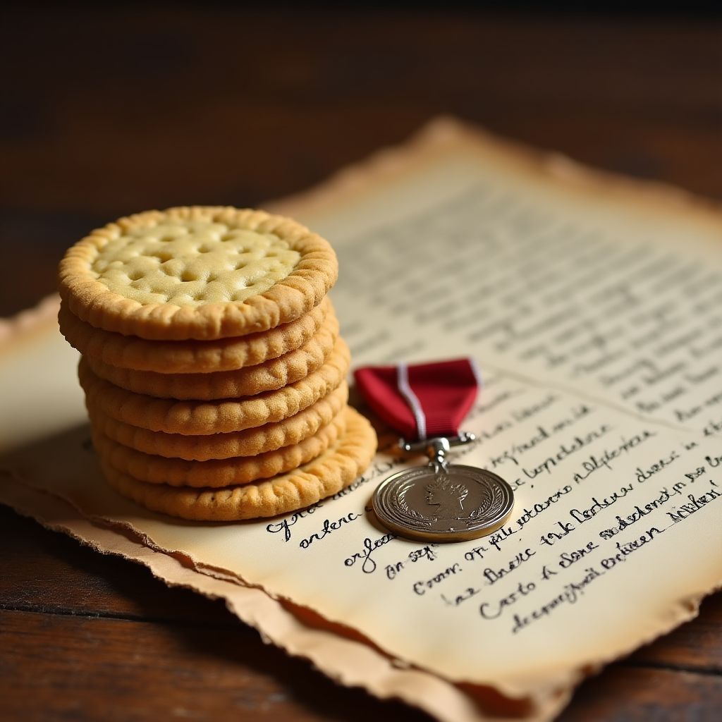A stack of Anzac biscuits next to a soldier's letter.