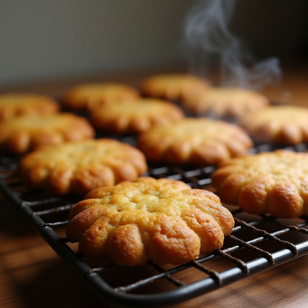 Golden Anzac biscuits cooling on a wire rack.