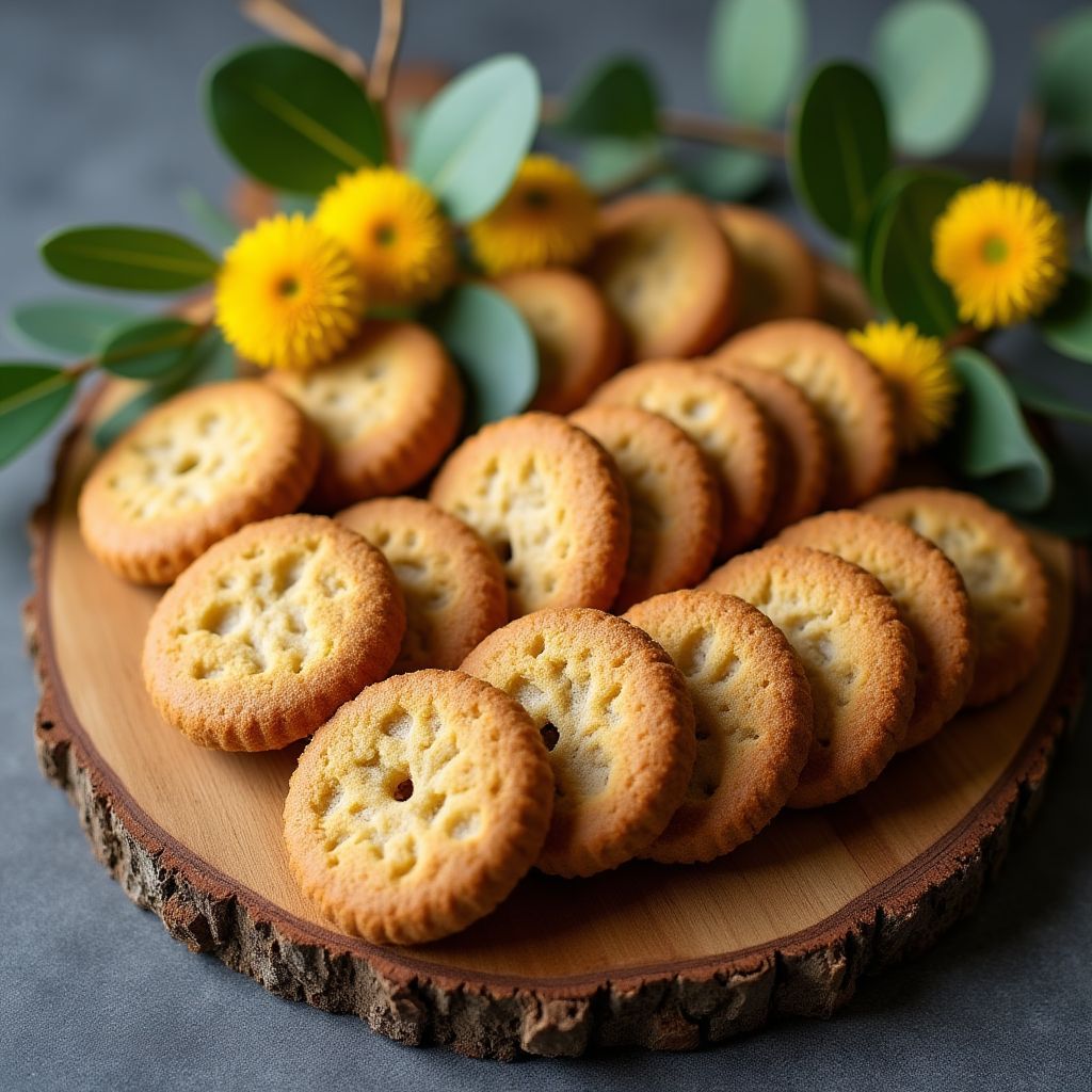 A beautiful display of Anzac biscuits with native Australian flora.
