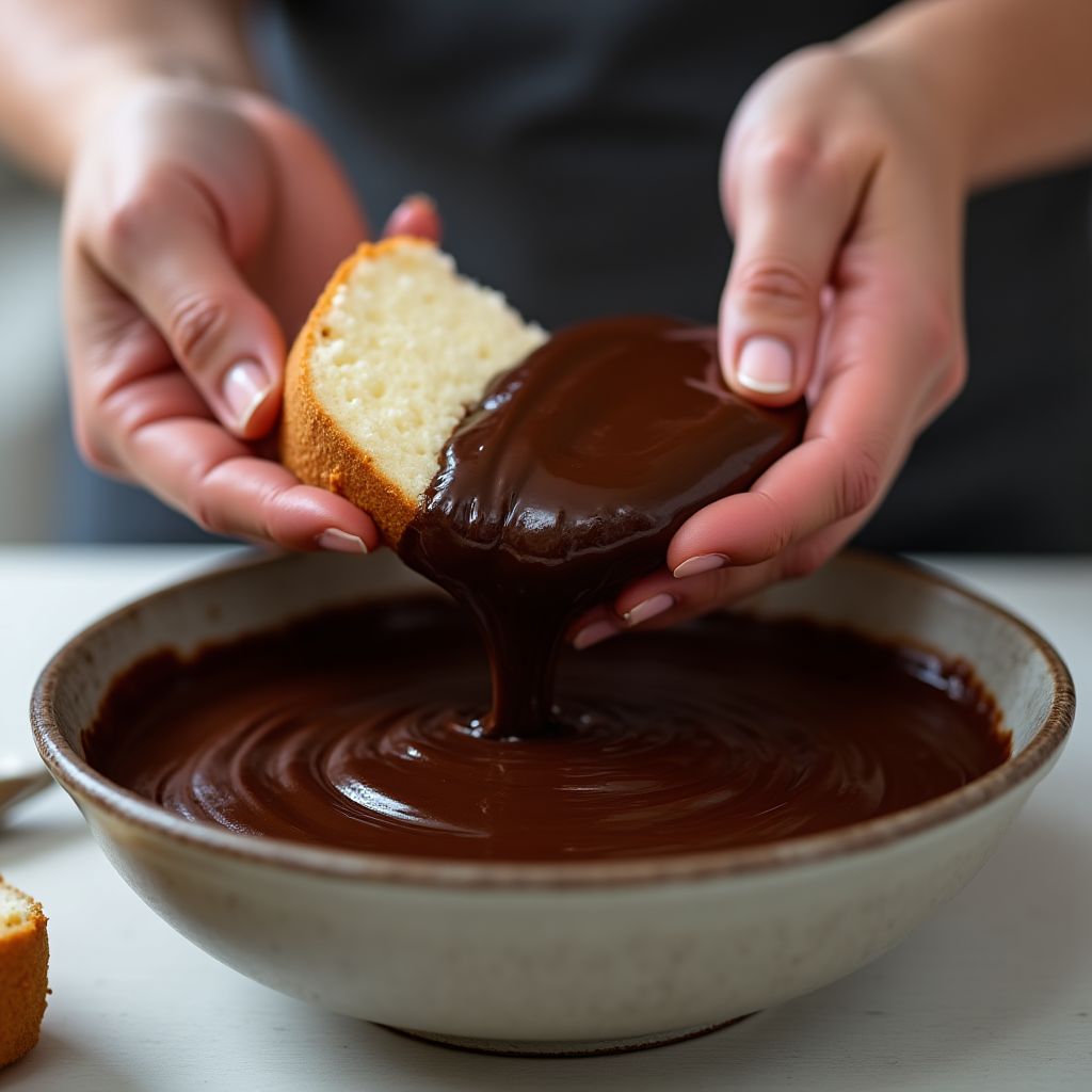 A sponge cake being dipped into chocolate icing.