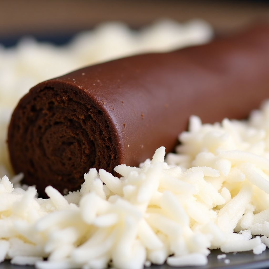 Rolling a chocolate-coated cake in desiccated coconut.