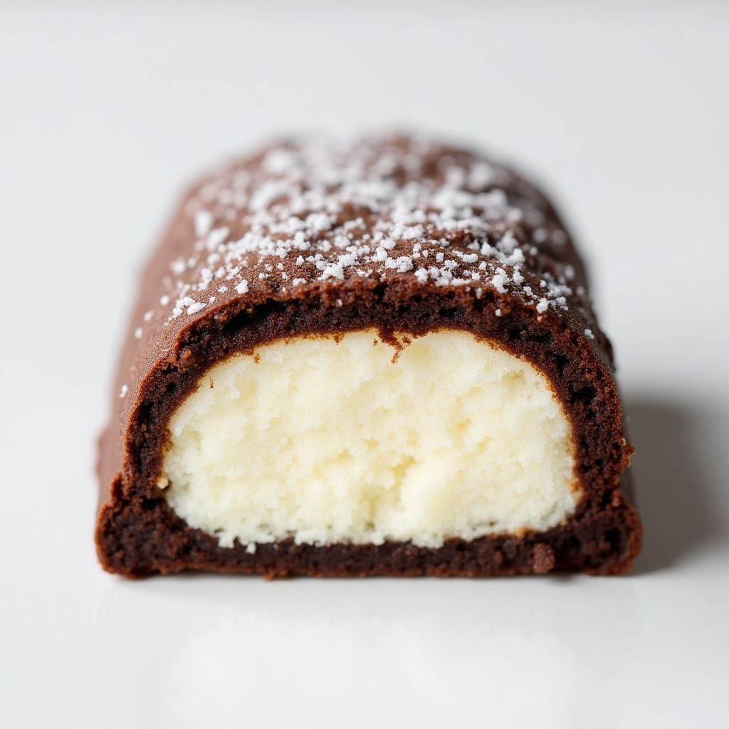 A sliced Lamington showing its soft sponge interior.